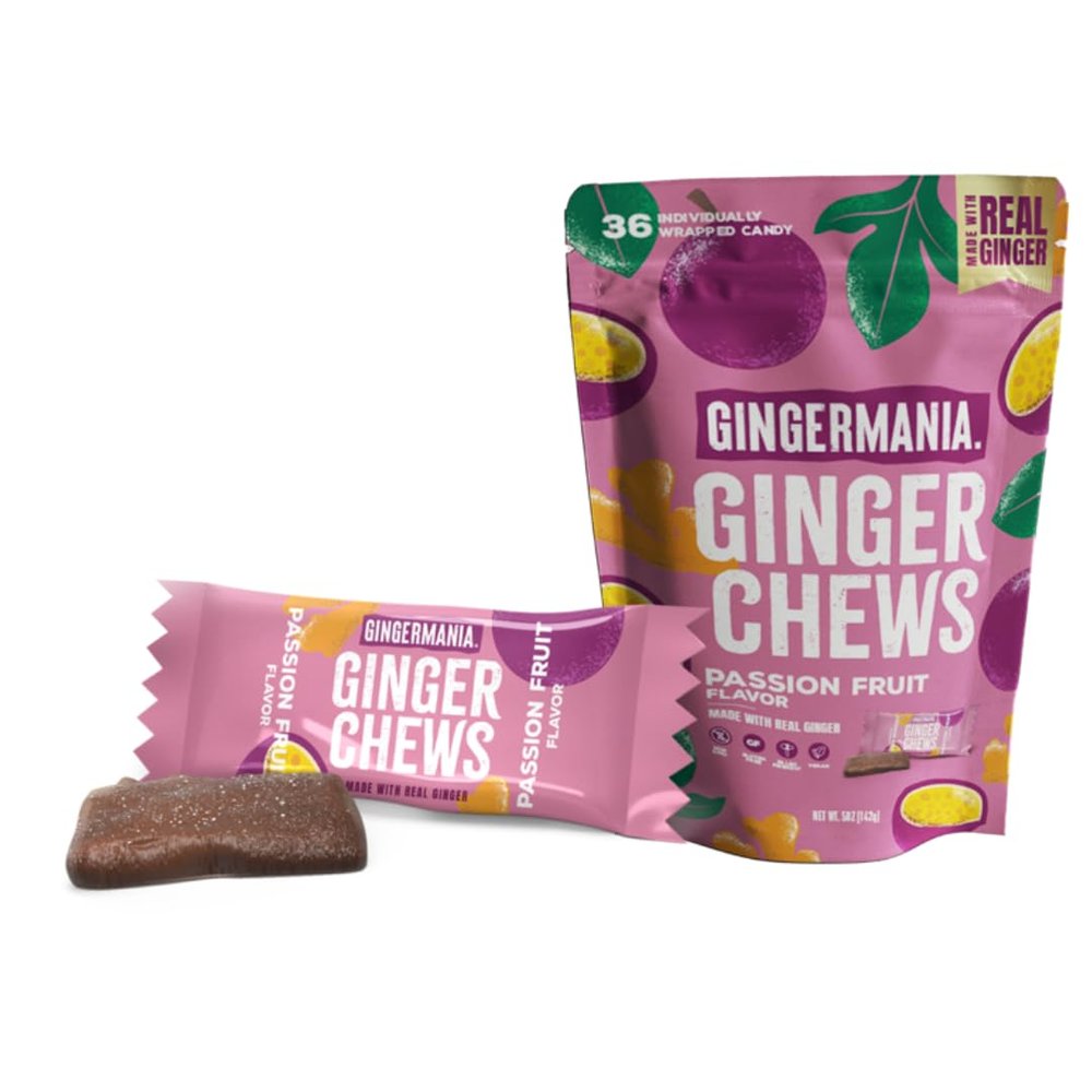 Gingermania Ginger Chews | Passion Fruit Flavor | Made with Real Ginger & Passion Fruit | Sweet & Spicy Chewy Candy | 36 Individually Wrapped Chews Per Bag | 5oz Bag (Pack of 6)