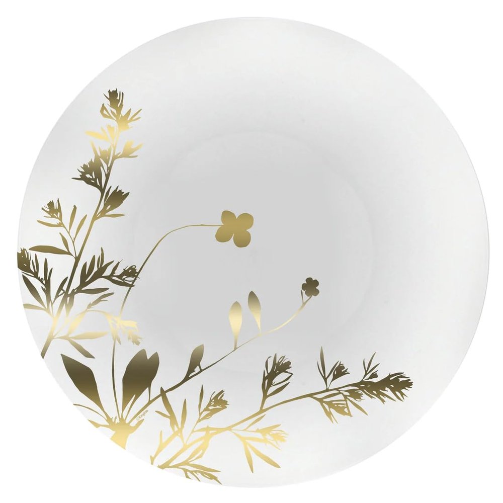 10.5 inch Gold and White Plastic Round Dinner Plate Flower Design Elegant Disposable Tableware for Weddings Parties and Events Durable Stylish and Reusable Design Catering Buffets (90)