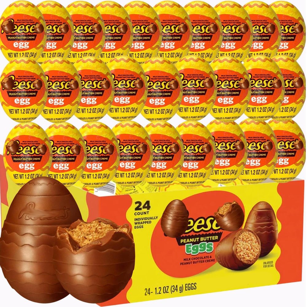 ReesePeanut Butter Creme Eggs Candy, Bulk 24 Count 3D 1.2 oz. Milk Chocolate Peanut Butter Creme Eggs, Individually Wrapped Chocolate Eggs for Easter Baskets, Egg Hunts
