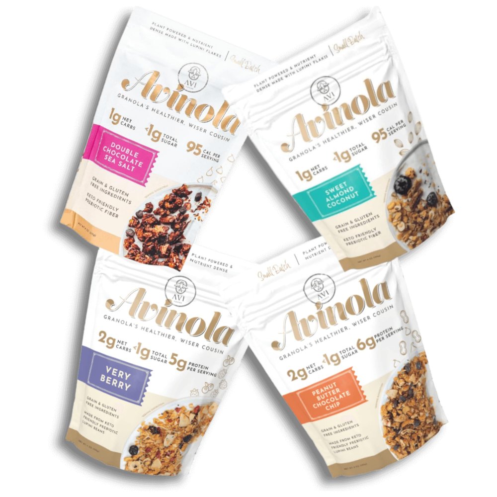 Avi Superfood Granola Variety 4-Pack - 9oz Each, Low Carb (1g Net) Grain & Gluten Free, Keto, High Protein, 9g Fiber, Made with Lupini Beans, Zero Oats + Zero Added Sugars - Almond Coconut, Chocolate, Berry, Peanut Butter Flavors