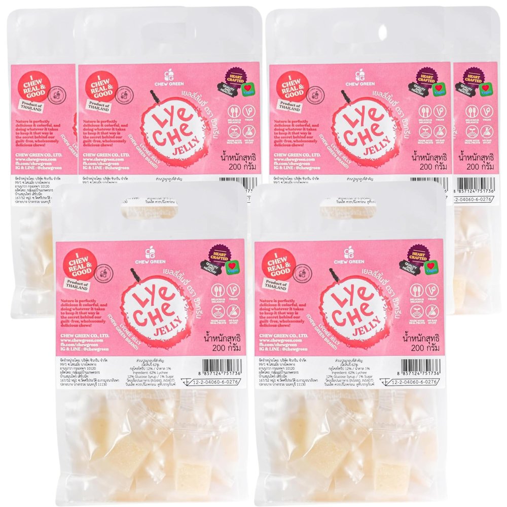 CHEW GREEN Family Share Lychee Gummies Jelly Pack of 6 (7ozx6) Bulk Authentic Thai Dessert Exotic Floral Candy - Individually Wrapped for Corporate Gifts, Holiday Events & Goodie Bags