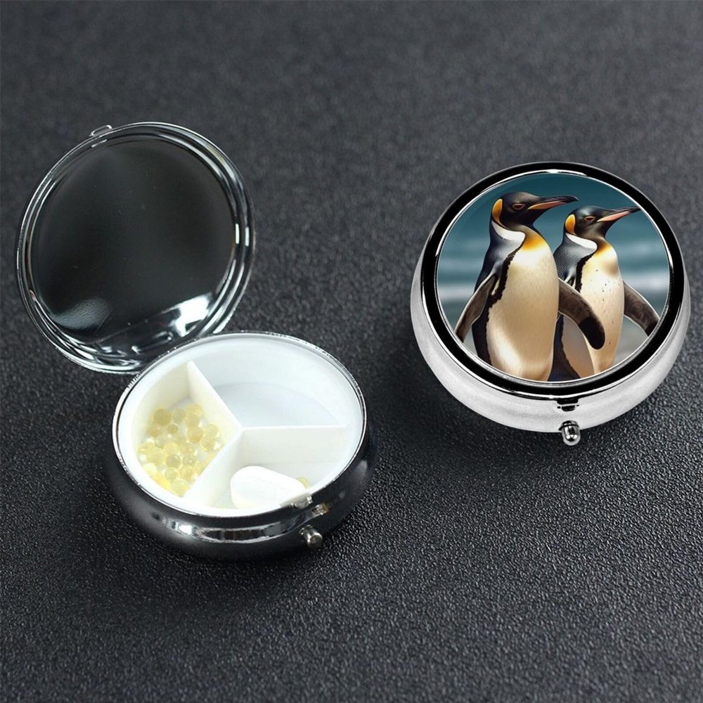 Stylish Animal Penguin Pill Case 3 Compartment Pill Box Portable Metal Pill Organizer Cute Travel Pill Container Vitamin Organizer for Purse Pocket Travel Gift
