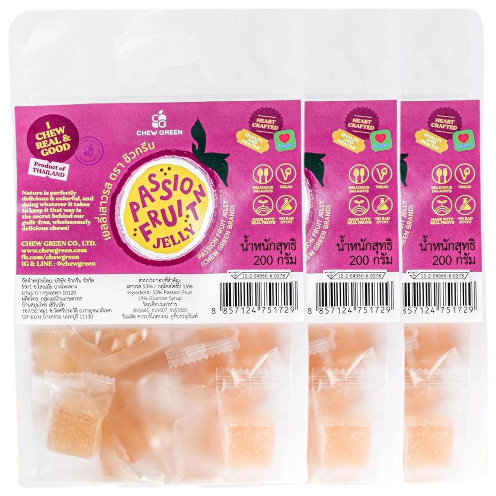 CHEW GREEN Value Pack 3 Premium Passion Fruit Gummies 53% Real Fruit Pulp Soft Chews Individually Wrapped Authentic Thai Delicacy School Lunch Snacks, Portable Travel & Office Desk Treat