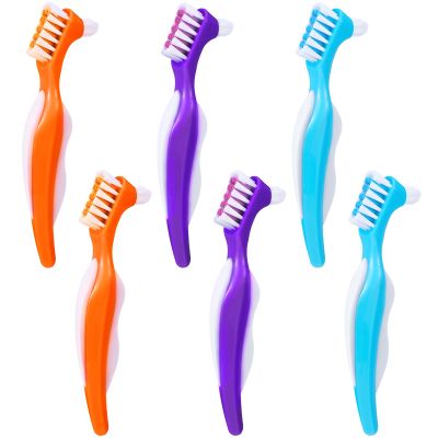 6 Pack Denture Cleaning Brush Dual Head Portable Denture Toothbrush Hard Double Sided Multi-Layered Bristles False Teeth Toothbrush for Care Clean Clear Brace Mouth Guard(Blue Orange Purple,Angled)
