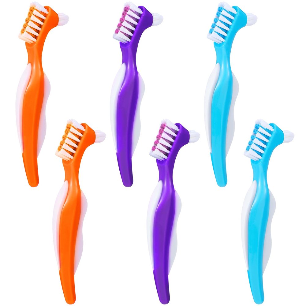 6 Pack Denture Cleaning Brush Dual Head Portable Denture Toothbrush Hard Double Sided Multi-Layered Bristles False Teeth Toothbrush for Care Clean Clear Brace Mouth Guard(Blue Orange Purple,Angled)