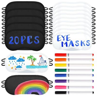 20 PCS Eye Mask Sleepover Party Supplies Slumber Party Favors for Pajama Party Decorations Sleep White Black Soft Shade Blindfold Eye Covering Color the Bulk Game Stuff with 8 PCS Fabric Pens