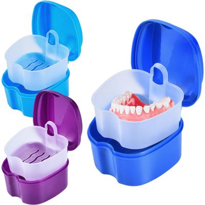 KISEER 3 Pack Colors Denture Bath Case Cup Box Holder Storage Soak Container with Strainer Basket for Travel Cleaning (Blue, Light Blue, Purple)