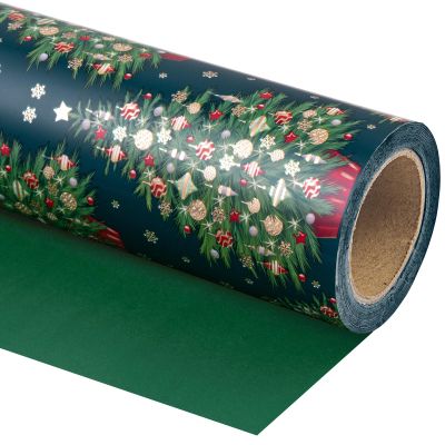 WRAPAHOLIC 30 Inch Reversible Green Christmas Wrapping Paper - 30 Inch x 33 Feet - Green Christmas Tree Wrapping Paper for Holiday, Party Celebration