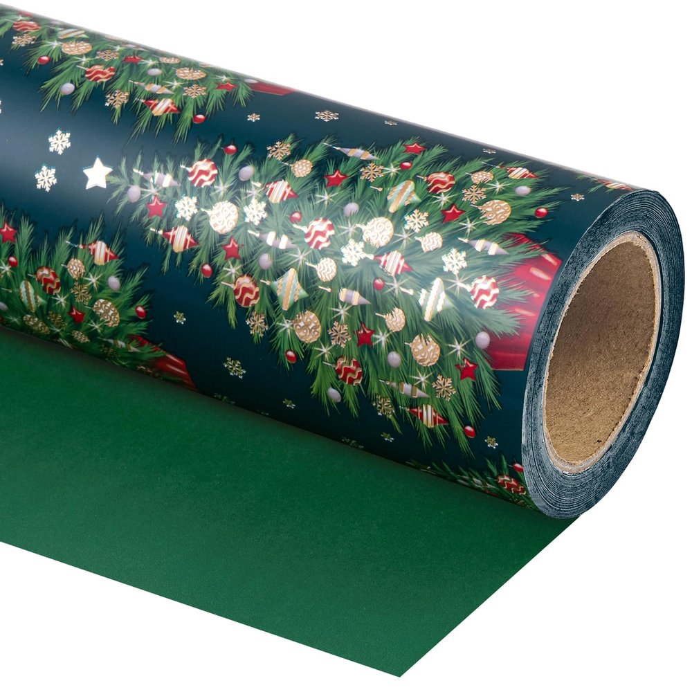 WRAPAHOLIC 30 Inch Reversible Green Christmas Wrapping Paper - 30 Inch x 33 Feet - Green Christmas Tree Wrapping Paper for Holiday, Party Celebration