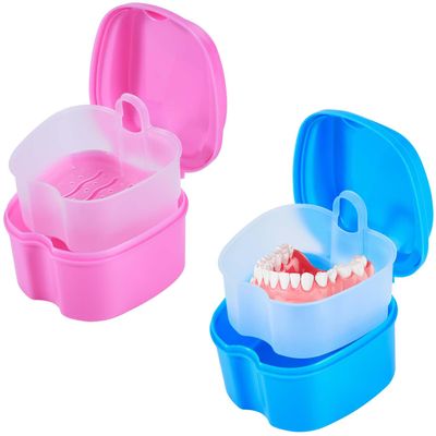 KISEER 2 Pack Colors Denture Bath Case Cup Box Holder Storage Soak Container with Strainer Basket for Travel Cleaning (Light Blue and Pink)