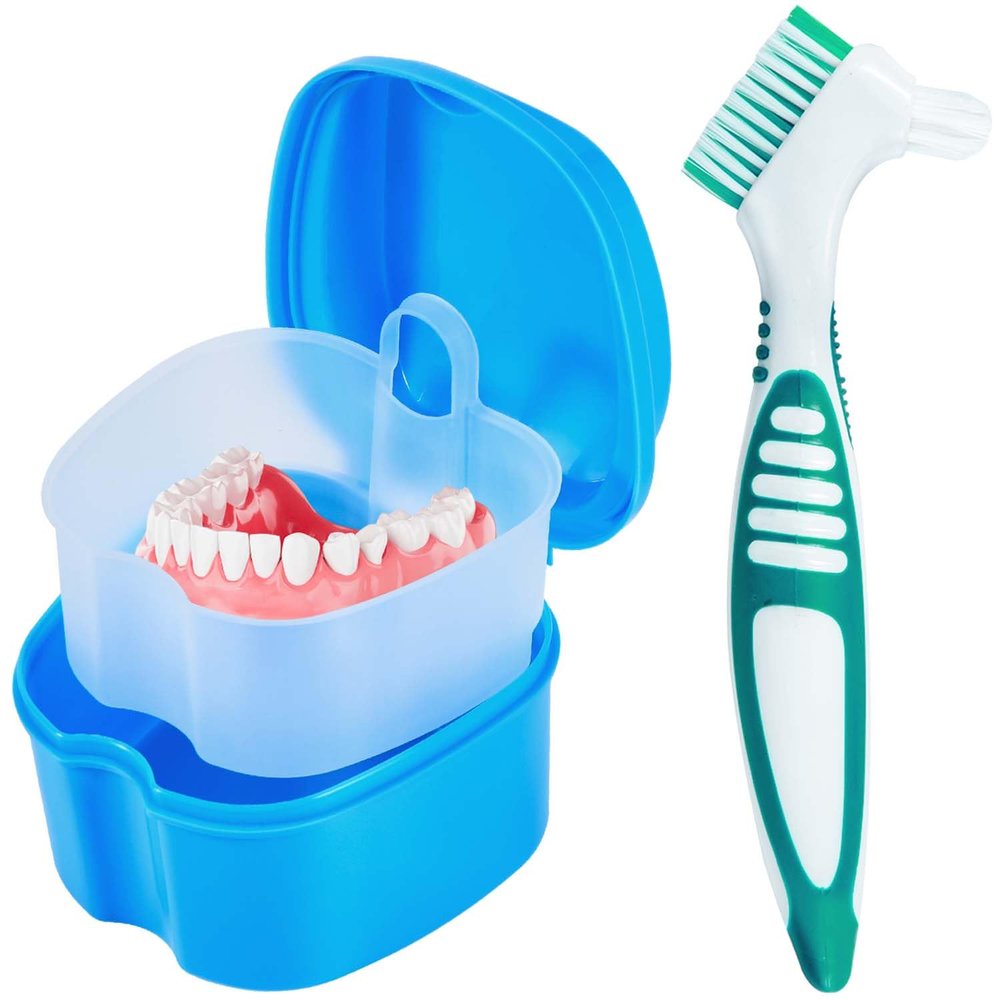 KISEER Light Blue Denture Bath Case Cup Box Holder Storage Container with Denture Cleaner Brush Strainer Basket for Travel Cleaning
