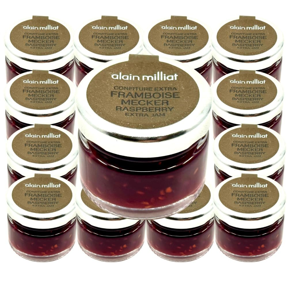 Alain Milliat Mecker Raspberry Jam, 60 Count of 1 oz Glass Jars, French Gourmet Fruit Preserve, GMO-Free, Single-Serve Raspberry Spread, Rich Caramelized Flavor, Ideal for Hotel, Restaurant & Catering