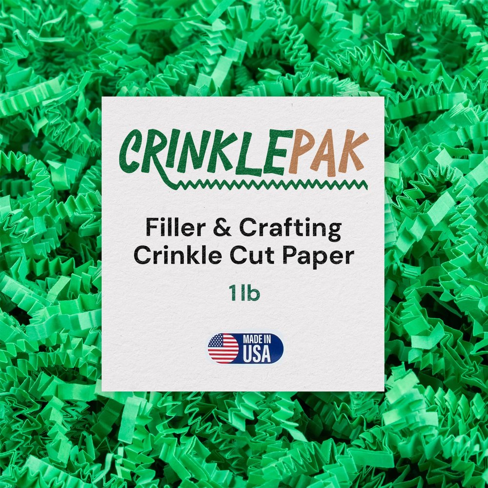 Crinklepak 1LB USA Made Green Crinkle Paper Filler | Great Shredded Paper For Gift Baskets, Shipping Packages, Gift Box Filler, Basket Filler, Birthdays, Weddings, Anniversaries, Graduation | Green Crinkle Shred
