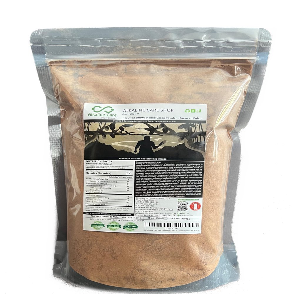 ALKALINE CARE SHOP | Unsweetened Cacao Powder, Sustainably Harvested Cacao - Ceremonial Grade |Great for Baking, Cooking & Smoothies - Authentic Peruvian Chocolate Experience| Net. WT 35.3oz (1Kg)