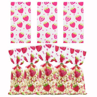 50 Pieces Strawberry Party Bags Plastic Cellophane Treat Candy Goodies Bags with 50 Pieces Twist Ties for Strawberry Themed Birthday Party Decoration (strawberry)
