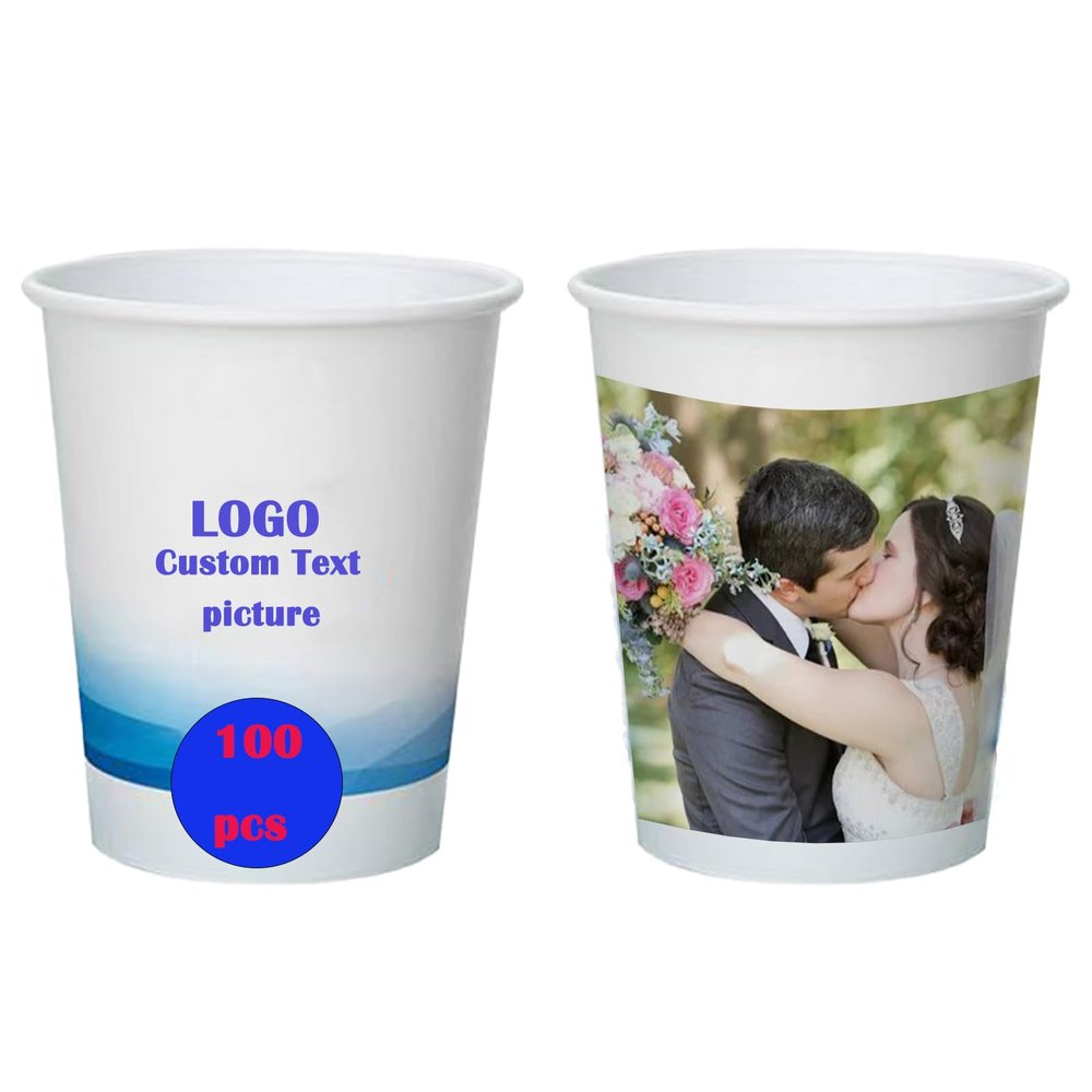 100pcs Personalized Wedding Cups, 9oz Custom Disposable Cups Personalized Shatterproof Cups, Modern Wedding, Party, Bridal Shower (white,7oz)