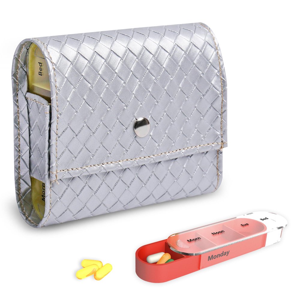 Pill Organizer,LIZIMANDU Weekly Travel Pill Case Box Medication Reminder Daily AM PM, Day Night 7 Compartments,for 4 Times A Day, 7 Days a Week-Includes Leather PU Carrying Case(1-Weave Silver)