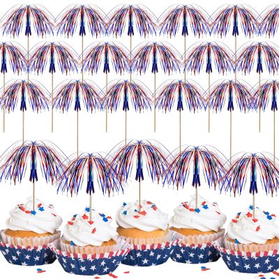 100 Pcs 4th of July Firework Pick Patriotic Red White Blue Cake Cocktail Food Fruit Drinks BBQ Dessert Picks Cupcake Topper Decoration for Independence Day Party Supplies