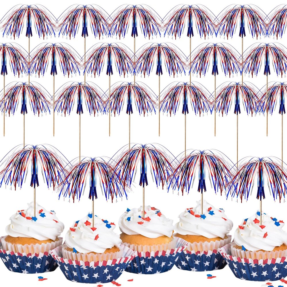 100 Pcs 4th of July Firework Pick Patriotic Red White Blue Cake Cocktail Food Fruit Drinks BBQ Dessert Picks Cupcake Topper Decoration for Independence Day Party Supplies