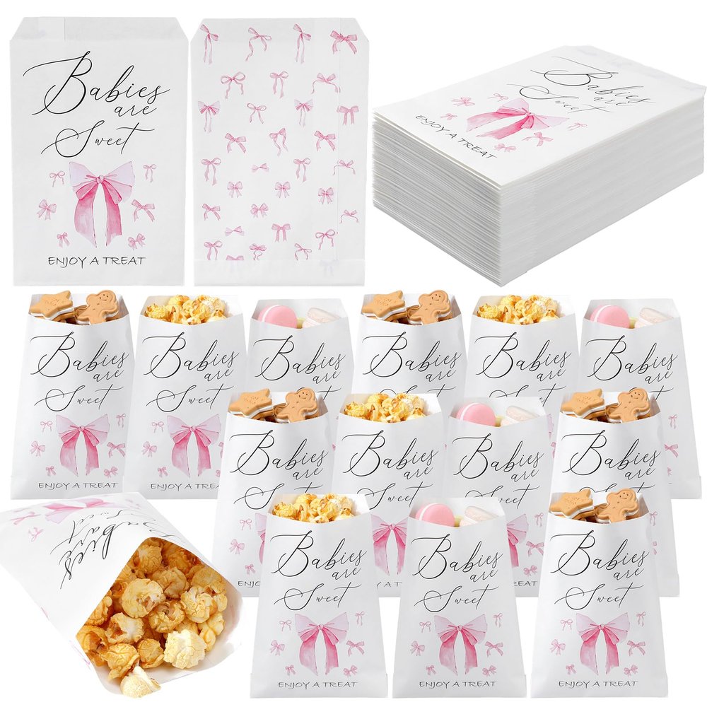 Aliceset 100 Pcs Pink Bow Baby Shower Kraft Paper Bags for Girl 5 x 7.7 Inches Cookies Treat Bags Popcorn Decoration Gift Bag Baby Shower Party Supplies Bulk for Candy Popcorn Cookie
