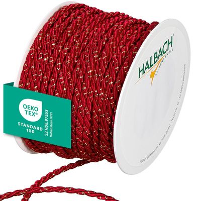 Halbach Seidenbnder Premium Cord Two-Tone | Width 4 mm Length 25 m | Made in Germany & Oeko-Tex Certified | Glittering Satin Cord Made of Acetate | Colour: Red/Gold