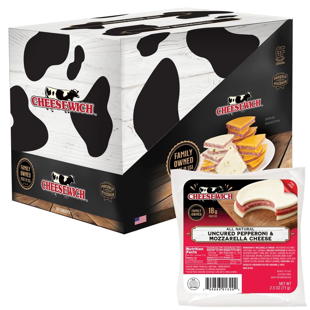 Cheesewich Protein Snacks - 18g Protein Mozzarella & Uncured Pepperoni Cheese Slices, Keto-Friendly Healthy Snacks, 2.5 oz Pack of 16