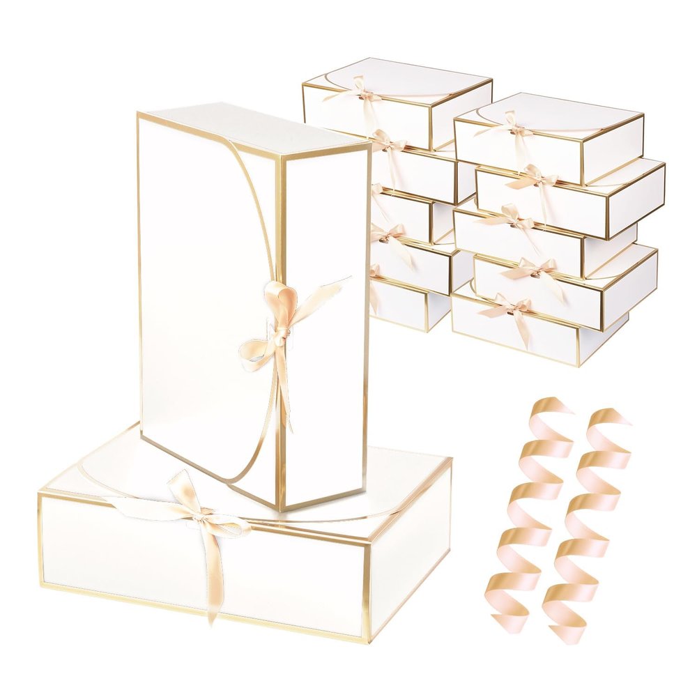 10 Pack Gold Foil Large Gift Boxes with Lids, 12.6x9.8x3.1 Inch Luxury Bridesmaid Proposal Box, White Gift Boxes for Presents, Wedding, Baby Shower, Birthday Party