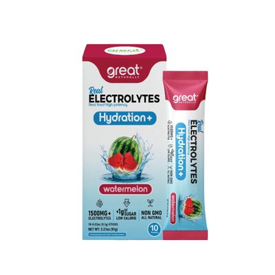 Great Naturally Hydration+ Watermelon | Real Food High-Potency Hydration with Magnesium Glycinate, Potassium & Sodium | Electrolyte Supplement | 10 Stick Packs (3.21 oz, Watermelon)