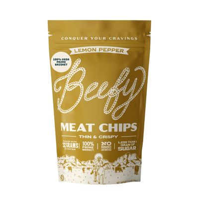 Beefy Meat Chips Lemon Pepper Flavor | 13g Protein Per Serving, Prime Brisket Jerky Chips with Real Salt | High Protein Low Sugar Snack | Carnivore Diet Friendly | 2.5 oz. Bag, 1 Pack