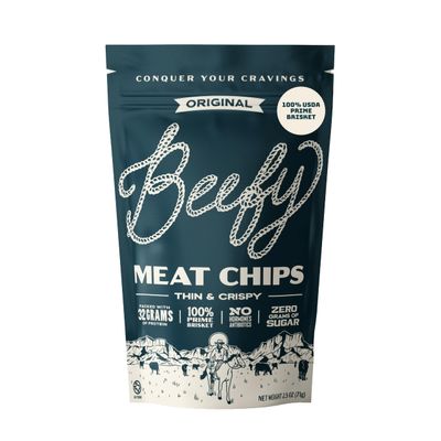 Beefy Meat Chips Original Flavor | 13g Protein Per Serving, Only 2 Ingredients, Prime Brisket Jerky Chips with Real Salt | High Protein Zero Sugar Snack | Carnivore Diet Friendly | 2.5 oz. Bag, 1 Pack