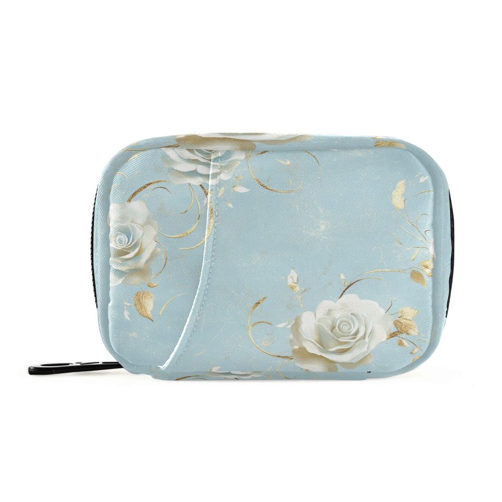 Blue and Gold Retro Romantic Roses First aid Bag with Detachable Compartments Convenient Travel Pill Organizer for Purse