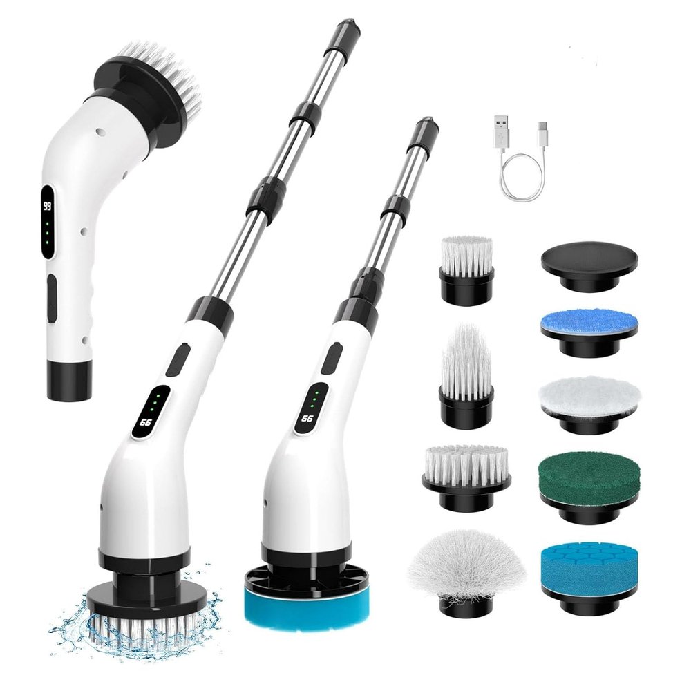 Electric Spin Scrubber, Cordless Cleaning Brush Scrubber for Home 9 Replaceable Brush Heads with Extension Handle, 3 Speeds for Bathroom Shower Bathtub Glass Car