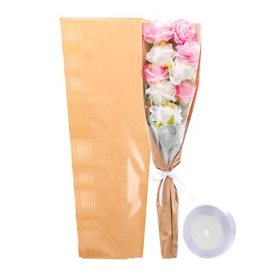 HSONAIGEE 50 Pieces Flower Bouquet Wrapping Paper, 24.8 x 8.7 x 4.7 Inch Flower Bags for Bouquets Kraft Floral Wrap Sleeves with Ribbons for Home Mothers Day Wedding Flower Bar Supplies