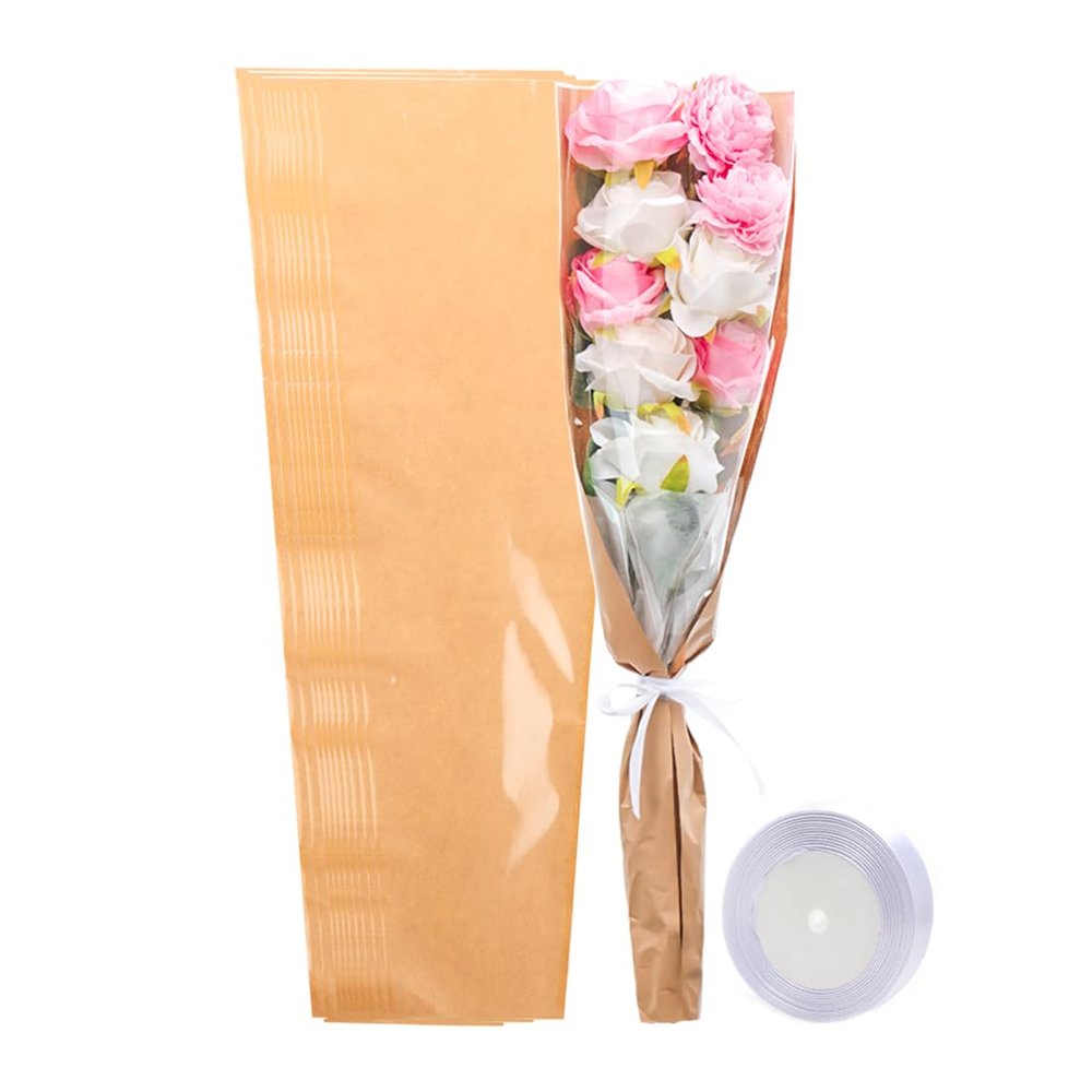 HSONAIGEE 50 Pieces Flower Bouquet Wrapping Paper, 24.8 x 8.7 x 4.7 Inch Flower Bags for Bouquets Kraft Floral Wrap Sleeves with Ribbons for Home Mothers Day Wedding Flower Bar Supplies
