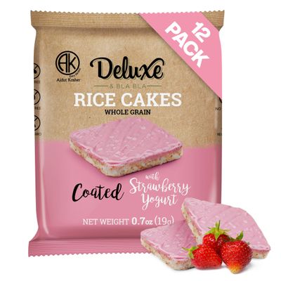 Deluxe & Bla Bla Rice Cakes 12 Pack Whole Grain, Gluten-Free, Kosher, Low-Calorie Snack Coated with Strawberry Yogurt Healthy & Crunchy Treat Individually Wrapped, (19g Each)