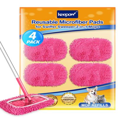 KEEPOW 4Pcs Pink Chenille Reusable Mop Pads Compatible with Swiffer Sweeper