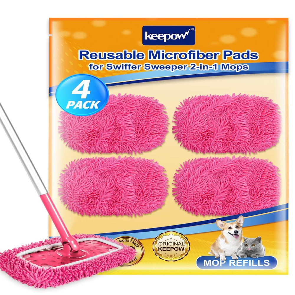 KEEPOW 4Pcs Pink Chenille Reusable Mop Pads Compatible with Swiffer Sweeper