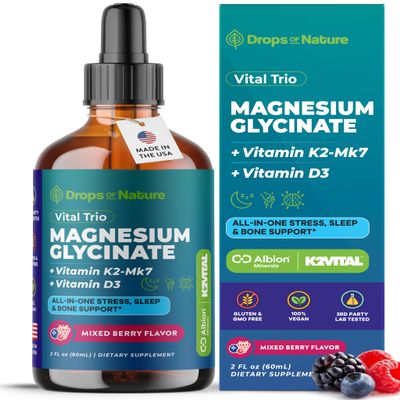 Magnesium Glycinate, Vitamin K2 & D3 Supplement GMO-Free VIT D MK7 K2 Vitamin Supplement & Magnesium Blend with Nutrients for Bone Nutrition & Cardiovascular Function (Mixed Berry, 60 mL)