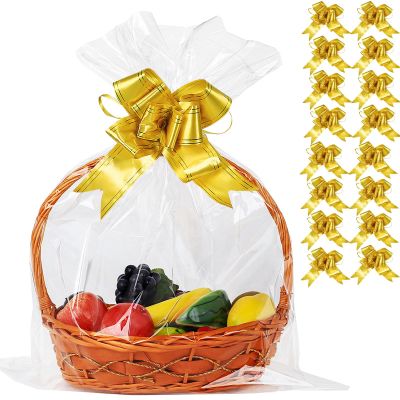 50 Packs Large Cellophane Bags 18" x 24" Clear Cellophane Gift Basket Wraps 2.3 Mil Thick Transparent Cello Bags for Fruit Basket, Gift Wrap, Treats, Arts and Crafts, 50ct Yellow Ribbon Bows