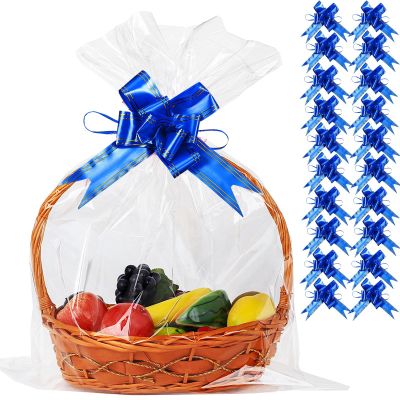50 Packs Large Cellophane Bags 18" x 24" Clear Cellophane Gift Basket Wraps 2.3 Mil Thick Transparent Cello Bags for Fruit Basket, Gift Wrap, Treats, Arts and Crafts, 50ct Blue Ribbon Bows