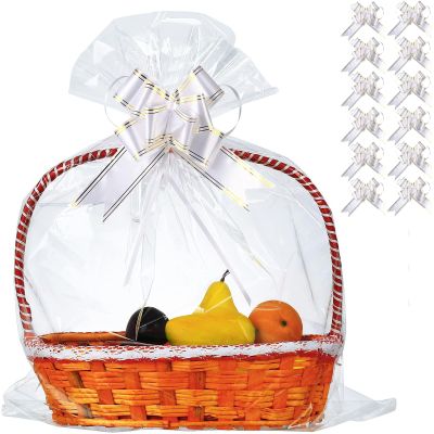 50 Packs 32 x 40 Inches Gift Wrap Cellophane Bags for Basket Extra-large Jumbo Clear Cellophane Wraps Clear Huge Cello Bags for Basket, Gift, Christmas Tree, Treat, Art and Craft, 50ct White Ribbon Bows