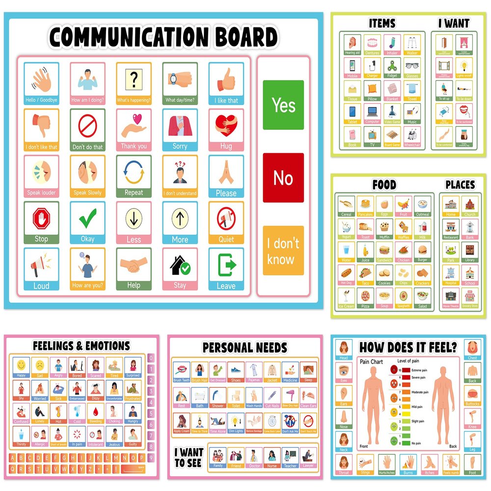 6Pcs Communication Board for Non Verbal Adults Picture Symbol Communication Cards Speech Therapy Tools for Autism Toddlers Kids Aphasia Stroke Patients Hospital Care Home Use Talking Placemats