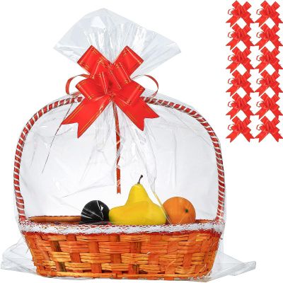 100 Packs 32 x 40 inhces Extra-large Gift Wrap Cellophane Bags for Basket Jumbo Clear Cellophane Wraps Clear Huge Cello Bags for Basket, Gift, Christmas Tree, Treat, Art and Craft, 100ct Red Ribbon Bows