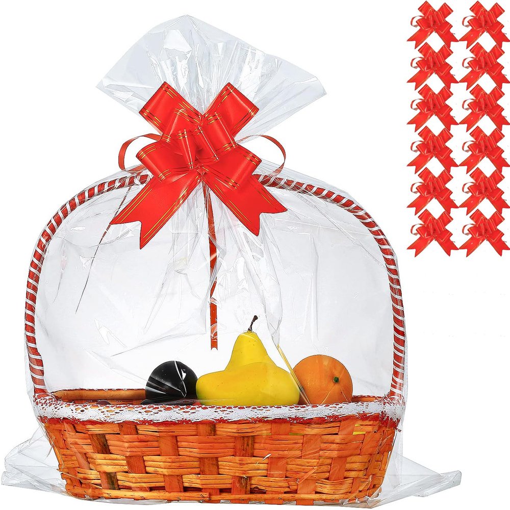30 Packs 32 x 40 Inches Extra-large Gift Wrap Cellophane Bags for Basket Jumbo Clear Cellophane Wraps Clear Huge Cello Bags for Basket, Gift, Christmas Tree, Treat, Art and Craft, 30ct Red Ribbon Bows