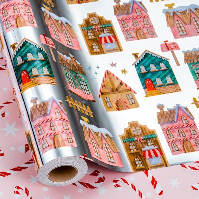 Yarcony Christmas Wrapping Paper Roll, Gingerbread House Wrapping Paper, Metallic Foil Adorable Village and Candy Cane Design Christmas Gift Wrap for Holiday, Winter Celebration (17 Inch X 33 Feet)
