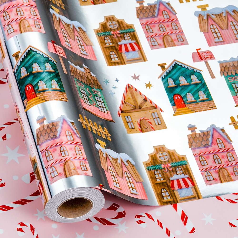Yarcony Christmas Wrapping Paper Roll, Gingerbread House Wrapping Paper, Metallic Foil Adorable Village and Candy Cane Design Christmas Gift Wrap for Holiday, Winter Celebration (17 Inch X 33 Feet)