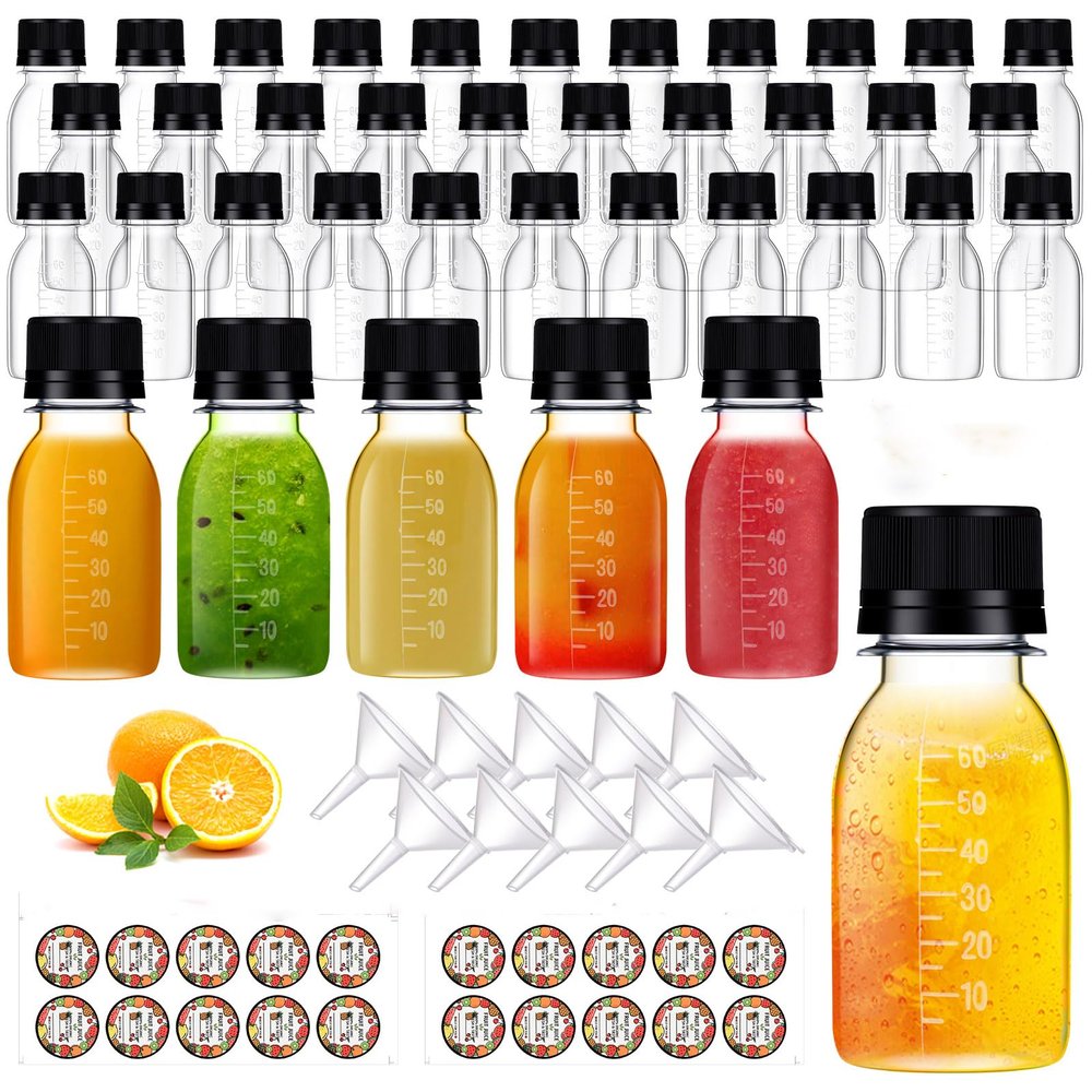 100 Pcs 2 oz Plastic Juice Shot Bottles with Caps, Clear Ginger Shots Bottles with Lids, Mini Jar for Liquids with Scale and Labels Portable Mini Containers for Ginger Juice Milk (Black Caps, 2OZ)
