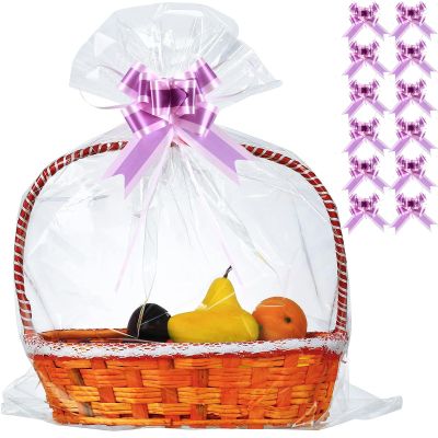 30 Packs 32 x 40 Gift Wrap Cellophane Bags for Basket Extra-large Jumbo Clear Cellophane Wraps Clear Huge Cello Bags for Basket, Gift, Christmas Tree, Treat, Art and Craft, 30ct Purple Ribbon Bows