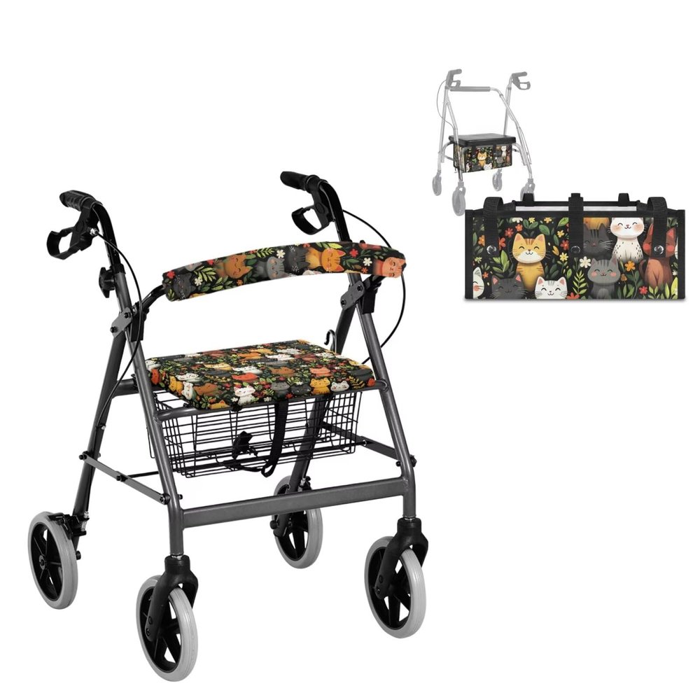 Vanideaoty Cartoon Kitten Rollator Seat Cushion Back Bar Cover Set with Walker Basket Reusable Tote Organizer Pouch Storage Suitable for Parks Outdoor Activities
