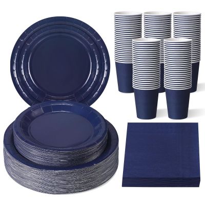 Tioncy 200 Pcs Navy Blue Disposable Paper Plates Cups and Napkins, Graduation Party Supplies Serve 50 Guests Disposable Paper Dinnerware Set for Birthday Wedding Baby Shower Family Picnic